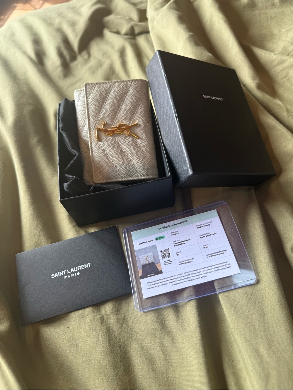 Saint Laurent YSL Small Monogram Card Key Case in Cream with Gold Hardware